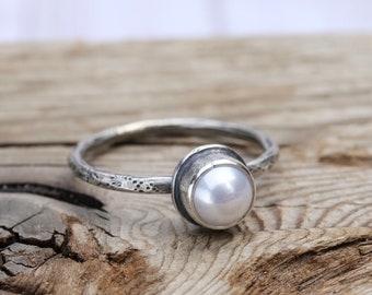 Small Pearl Skinny Band Ring - MADE TO ORDER - Sterling Silver forged hammered June birthstone