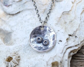 Small Barnacle disc necklace in Sterling Silver. Barnacle Collection Silversmith metalwork boho. Handmade. Metal artist pendant