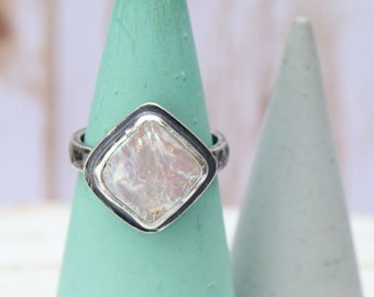 Square Rhombus Pearl Medium Band Ring - MADE TO ORDER - Sterling Silver forged hammered June birthstone