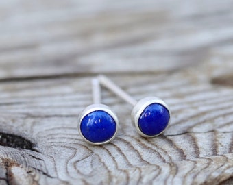 4mm Lapis Super Tiny Button Post Earrings. Lapis Lazuli and Sterling Silver Bezel Set Stud Earrings. Everyday jewelry, gemstone jewelry