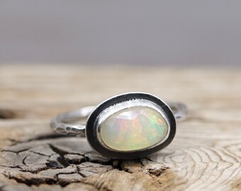 Size 7.5 Ethiopian Opal Skinny Band Ring.  Rose Cut Faceted Gemstone Sterling Silver hand forged hammered substrate