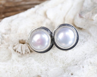 Large White Pearl Post Earrings. White Freshwater Pearl and Sterling Silver Bezel Set Stud Earrings. June birthstone earrings