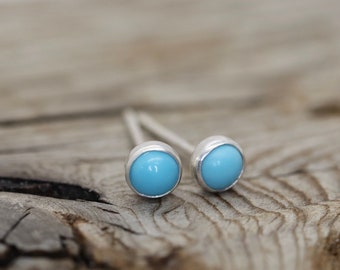 4mm Turquoise Super Tiny Button Post Earrings. Turquoise and Sterling Silver Bezel Set Stud Jewelry. Everyday gemstone jewelry