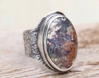 Size 8.25-8.5 Moss Agate Saddle Ring in Sterling Silver - Tiny Tidepools Collection by SweetSilver.  Metalsmith Silversmith