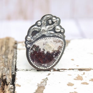 May include: A silver ring with a brown and white agate stone set in a silver setting. The setting features a detailed design of a stylized octopus.