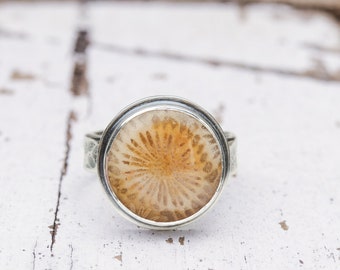 Fossil Coral and Sterling Silver ring. Size 8.25 Silversmith metalwork boho handmade