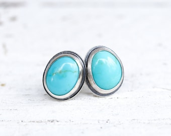 Oval Kingman Turquoise Studs Post Earrings. Pair 2. Turquoise and Sterling Silver Bezel Set Stud Jewelry. December birthstone