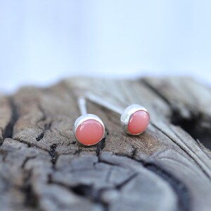 4mm Super Tiny Salmon Pink Coral Button Post Earrings. SMOOTH BEZEL Pink Coral and Sterling Silver Bezel Set Stud Earrings. Everyday jewelry