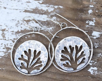 Rockweed large hand sawn sterling dangle earrings. Silversmith metalwork boho. jewelry Handmade