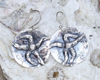 Ochre Sea Stars on discs sterling dangle earrings. Silversmith hand forged metalwork boho. jewelry Handmade