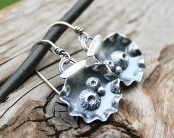 Scallop and Barnacle Dangle Earrings in Sterling Silver. Barnacle Collection Silversmith metalwork Handmade.