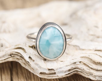 Size 6.25 Larimar Skinny Band Ring. Rose Cut Gemstone Sterling Silver hand forged. Metalsmith silversmith metalwork jewelry