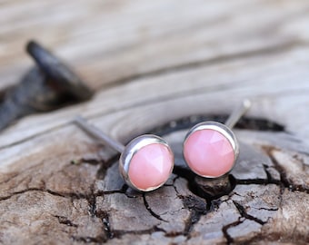 5mm Rose Cut Pink Opal Super Tiny Button Post Earrings. Gemstone and Sterling Silver Bezel Set Stud Earrings. Everyday earrings jewelry