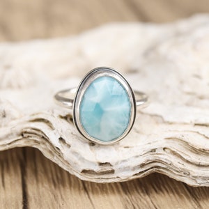 Size 6.25 Larimar Skinny Band Ring. Rose Cut Gemstone Sterling Silver hand forged. Metalsmith silversmith metalwork jewelry image 1