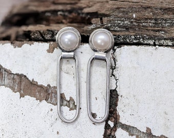 Pearl Stud Oval dangle earrings in Sterling Silver. post dangle earrings. Silversmith metalwork jewelry Handmade. June Birthstone