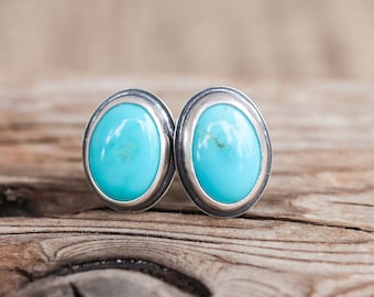 Oval Kingman Turquoise Studs Post Earrings. Pair 3. Turquoise and Sterling Silver Bezel Set Stud Jewelry. December birthstone
