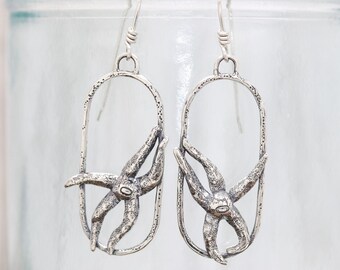 Ochre Sea Star large hoop sterling dangle earrings. Silversmith hand forged metalwork boho. jewelry Handmade