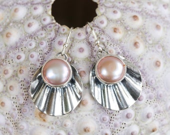 Pink Pearl Scallop Dangle Earrings. Pink Freshwater Pearl and Sterling Silver Bezel Set dangles. June birthstone earrings