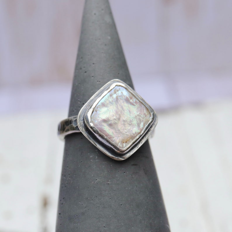 Square Rhombus Pearl Medium Band Ring MADE TO ORDER Sterling Silver forged hammered June birthstone image 6