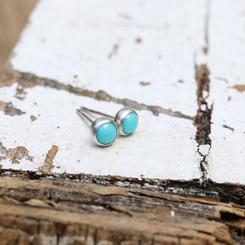 5mm Turquoise Tiny Button Post Earrings. Turquoise and Sterling Silver Bezel Set Stud Earrings. image 1