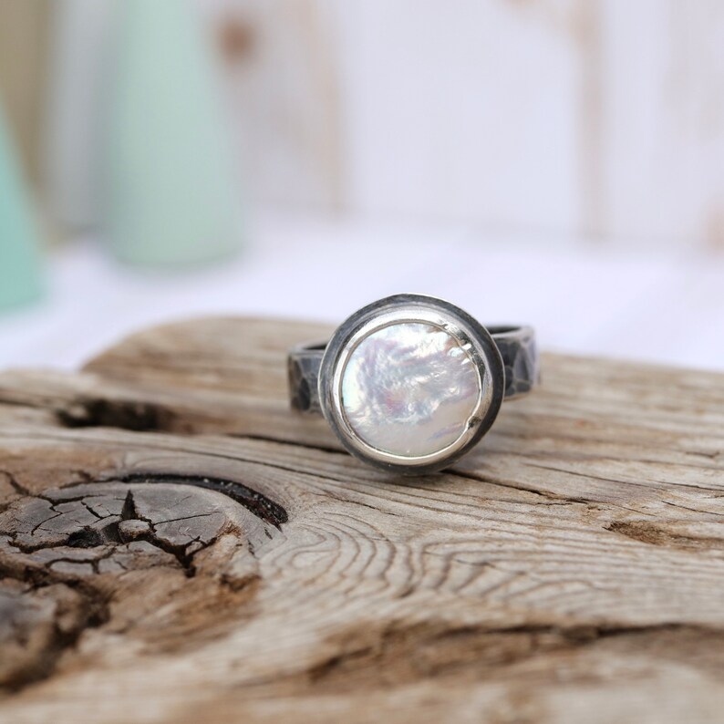 Coin Pearl Wide Band Ring MADE TO ORDER Sterling Silver forged hammered June birthstone image 2