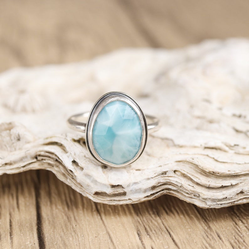 Size 6.25 Larimar Skinny Band Ring. Rose Cut Gemstone Sterling Silver hand forged. Metalsmith silversmith metalwork jewelry image 1