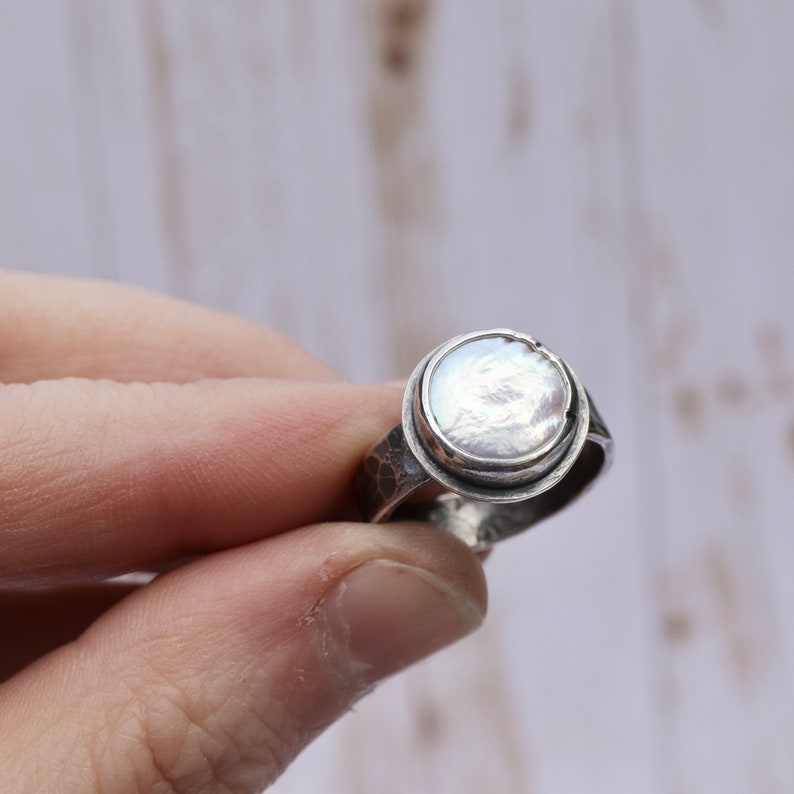 Coin Pearl Wide Band Ring MADE TO ORDER Sterling Silver forged hammered June birthstone image 4