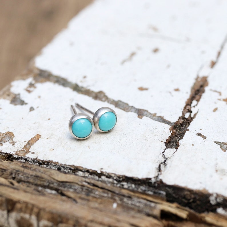5mm Turquoise Tiny Button Post Earrings. Turquoise and Sterling Silver Bezel Set Stud Earrings. image 2