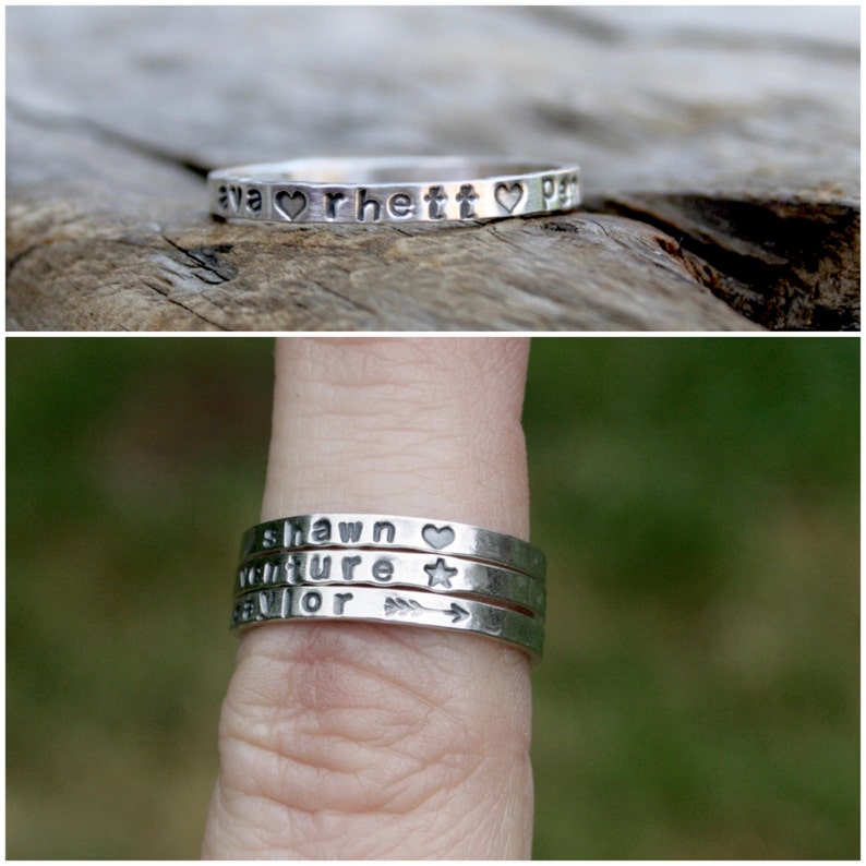 Skinny Name Stacking Ring in Sterling Silver. Personalized. Made To Order. Mommy ring, Mom jewelry, mother's ring. Kids names. image 3