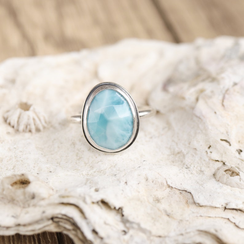 Size 6.25 Larimar Skinny Band Ring. Rose Cut Gemstone Sterling Silver hand forged. Metalsmith silversmith metalwork jewelry image 4