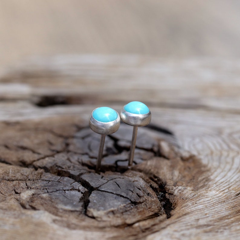 5mm Turquoise Tiny Button Post Earrings. Turquoise and Sterling Silver Bezel Set Stud Earrings. image 4