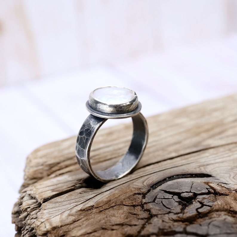 Coin Pearl Wide Band Ring MADE TO ORDER Sterling Silver forged hammered June birthstone image 3