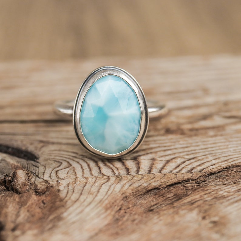 Size 6.25 Larimar Skinny Band Ring. Rose Cut Gemstone Sterling Silver hand forged. Metalsmith silversmith metalwork jewelry image 6