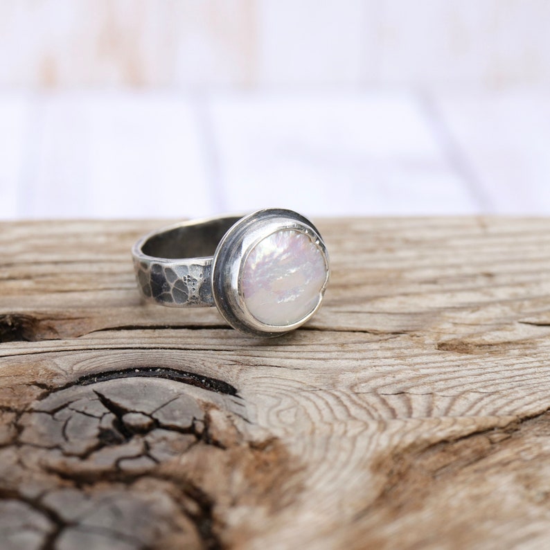 Coin Pearl Wide Band Ring MADE TO ORDER Sterling Silver forged hammered June birthstone image 1