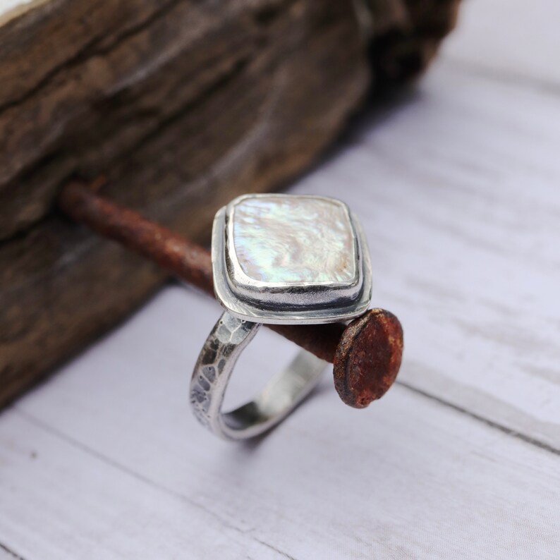 Square Rhombus Pearl Medium Band Ring MADE TO ORDER Sterling Silver forged hammered June birthstone image 3