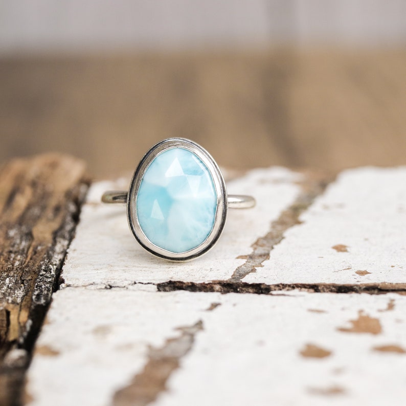 Size 6.25 Larimar Skinny Band Ring. Rose Cut Gemstone Sterling Silver hand forged. Metalsmith silversmith metalwork jewelry image 5