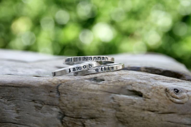 Skinny Name Stacking Ring in Sterling Silver. Personalized. Made To Order. Mommy ring, Mom jewelry, mother's ring. Kids names. image 1