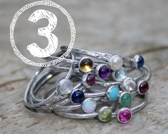 THREE Birthstone Stacking Rings. Mom Jewelry, Mommy Rings, Stackers, Gemstones and Sterling Silver. Made To Order Custom Mommy Rings.