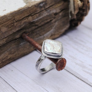 Square Rhombus Pearl Medium Band Ring MADE TO ORDER Sterling Silver forged hammered June birthstone image 4