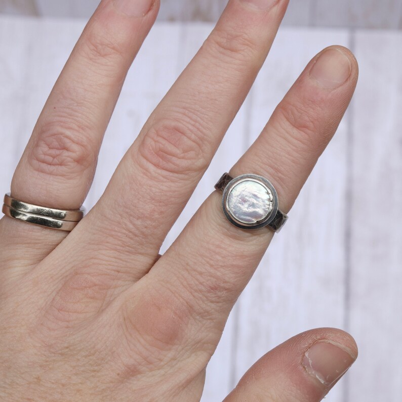 Coin Pearl Wide Band Ring MADE TO ORDER Sterling Silver forged hammered June birthstone image 6