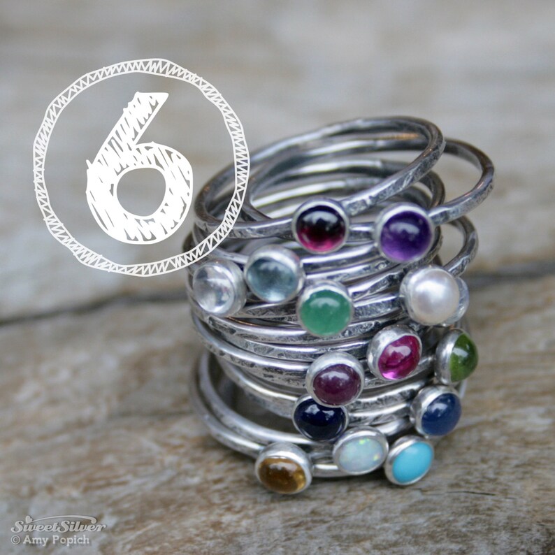 SIX Birthstone Stacking Rings. Mom Jewelry, Mommy Rings, Stackers, Gemstones and Sterling Silver. Made To Order Custom Mommy Rings. image 1