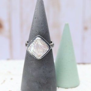 Square Rhombus Pearl Medium Band Ring MADE TO ORDER Sterling Silver forged hammered June birthstone image 5