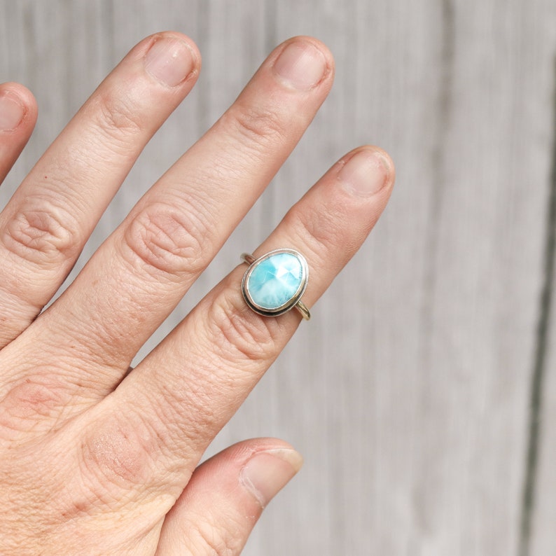 Size 6.25 Larimar Skinny Band Ring. Rose Cut Gemstone Sterling Silver hand forged. Metalsmith silversmith metalwork jewelry image 8