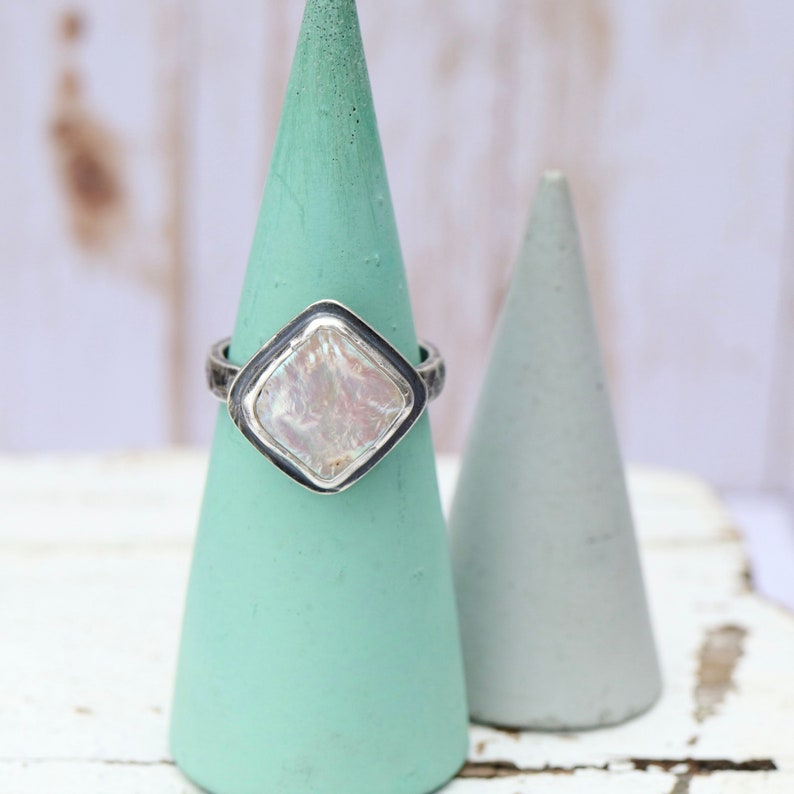 Square Rhombus Pearl Medium Band Ring MADE TO ORDER Sterling Silver forged hammered June birthstone image 1