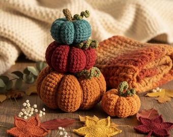3 patrones de crochet para otoño: calabaza, hojas y bufanda gruesa (PDF)