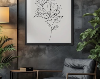 May include: Black and white floral line art print in a black frame. The artwork features a detailed illustration of a flower with leaves and smaller blossoms. The print is displayed on a textured gray wall.