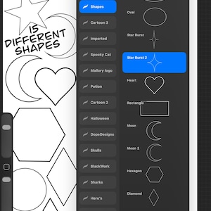 May include: Digital art software interface showing various shapes like a star, moon, heart, and hexagon. The text "15 DIFFERENT SHAPES" is displayed. The interface also shows a 'Classic Library' menu.