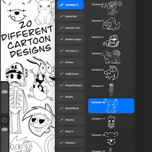 Könnte beinhalten: Eine digitale Illustration mit einer Auswahl an Cartoon-Designs. Das Bild zeigt verschiedene Cartoon-Figuren, darunter Winnie Puuh, Pikachu und Courage, der feige Hund. Der Text lautet "20 DIFFERENT CARTOON DESIGNS". Die Designs sind in Schwarzweiß gehalten.