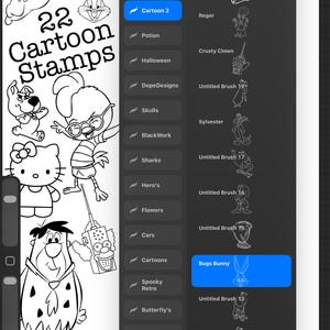 May include: Digital art stamps featuring 22 cartoon characters, including Casper, Bugs Bunny, and Hello Kitty. The image also shows a digital art program interface with a "Classic Library" menu and various brush options.