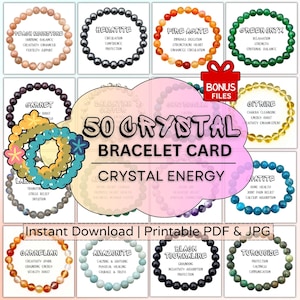 Op de afbeelding: Een digitale download met een 50 Crystal Bracelet Card. De kaart toont verschillende edelsteenarmbanden, elk met hun naam en eigenschappen. De tekst "Instant Download | Printable PDF & JPG" is ook opgenomen.